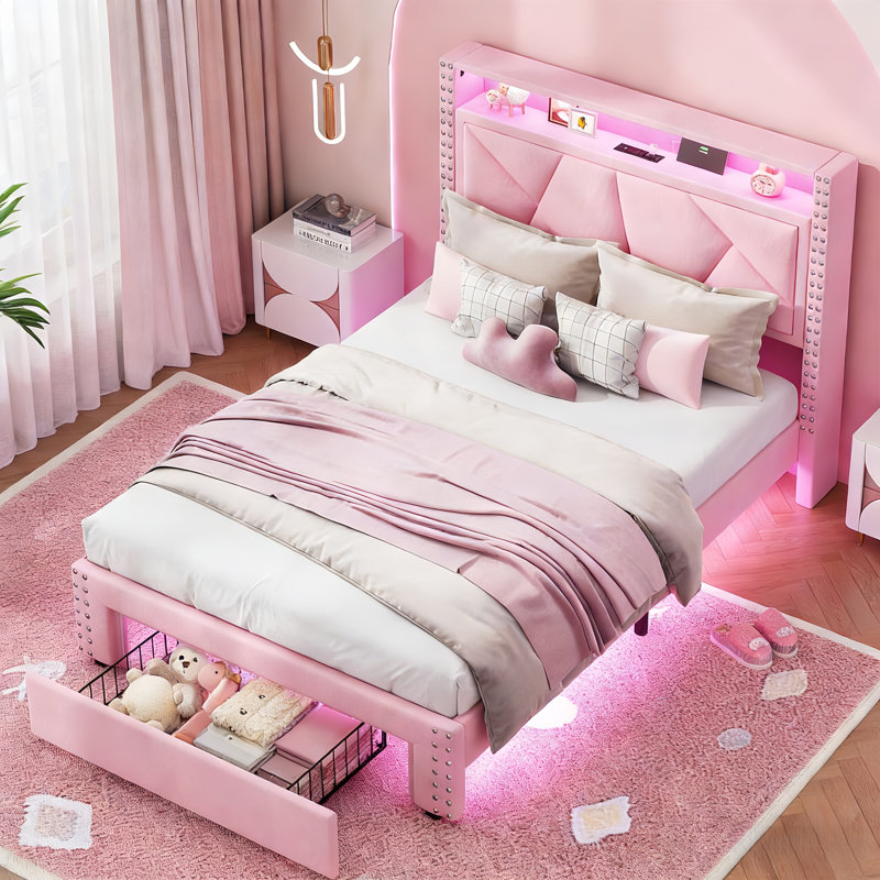 Lit avec rangement en velours pour adolescents avec tiroir et station de charge, Rose