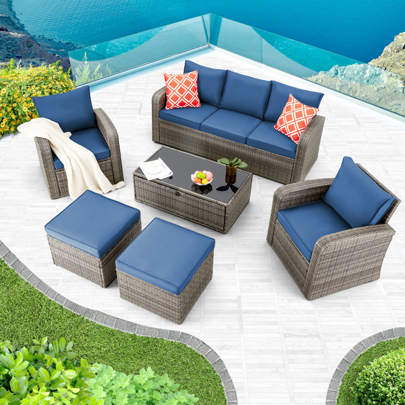 7 - Person Modular Patio Conversation Set with Cushions, Blue Cushion/Gray Frame