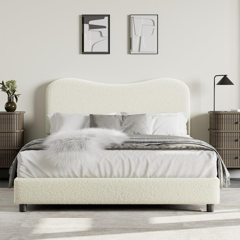Structure de lit rembourrée Boucle avec tête de lit Cloud, profil bas, lattes de bois, aucun sommier requis, Lit simple