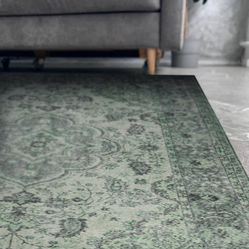 Tapis vert à motif tissé rétro, Carré 5 pi