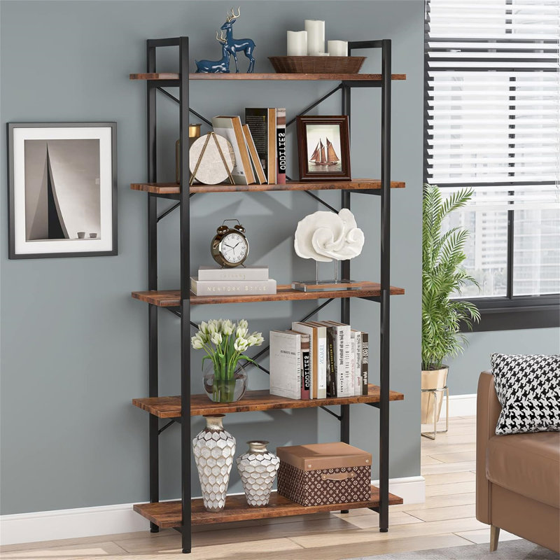 Bibliothèque 63 pouces à 5 niveaux de style industriel brun rustique pour le salon