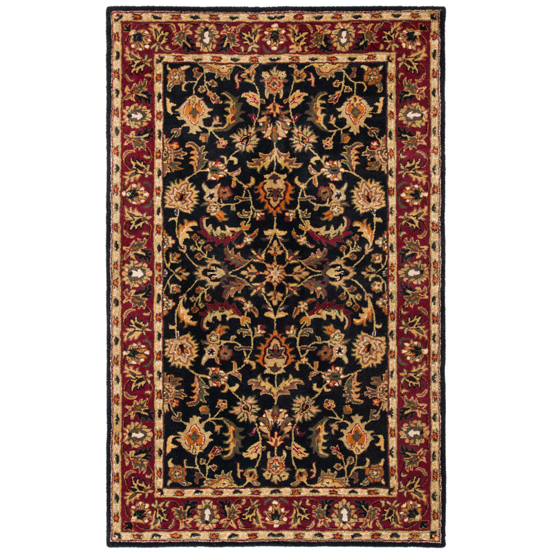 Tapis oriental en laine noir, rouge, vert et or fabriqué et touffeté à la main Cranmore, Rectangle de 11 pi x 15 pi