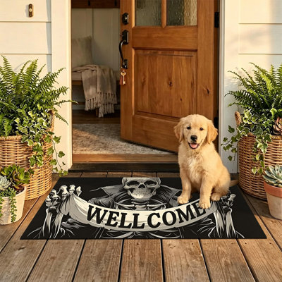  Non-Slip Indoor Outdoor Door Mat, 16"x24",skeleton welcome banner