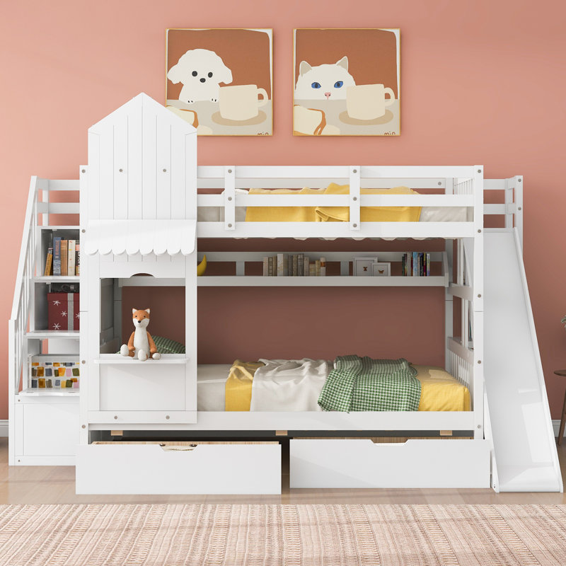 Full-Over-Full Castle Style Bunk Bed With 2 Drawers 3 Shelves And Slide - White, White,  Full over Full