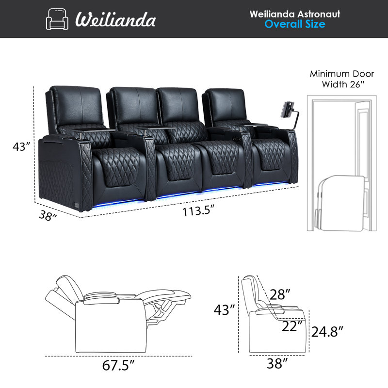 Haiylee Zero Gravity Home Theater Seating Top Grain Leather Recliner Sofa Power Headrest Footrest, Black Genuine Leather