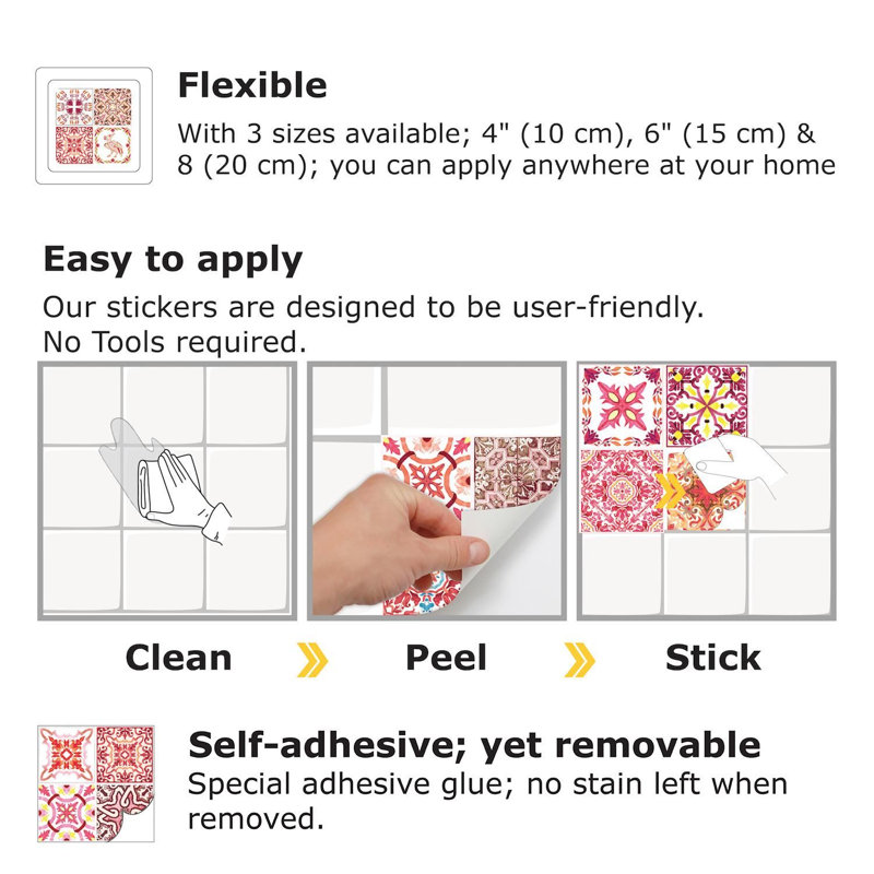 Moroccan Rose Red Mosaic Tile Sticker - 20cm x 20cm 