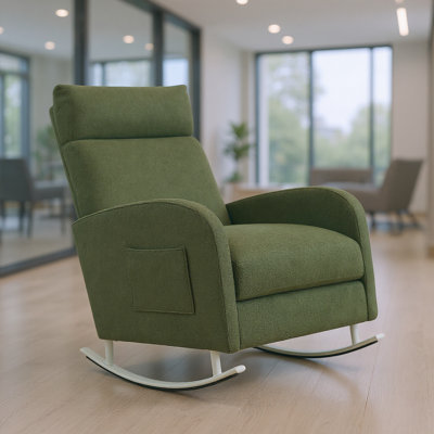 Chaise berçante rembourrée en chenille verte avec pieds en métal et poche de rangement latérale - Confort et fonctionnalité modernes