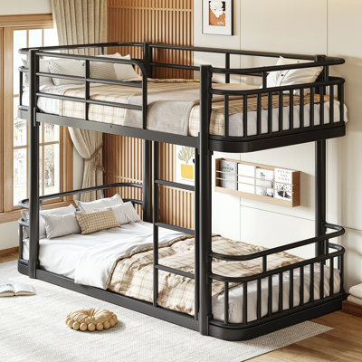 Lit superposé simple au-dessus de simple avec échelles et barrières de sécurité, L 76,8 po x l 42 po x H 58,1 po, métal, 1 ensemble, lit superposé, noir, structure à tuyaux ronds peu encombrante avec barrières de sécurité pleine grandeur et échelle robuste