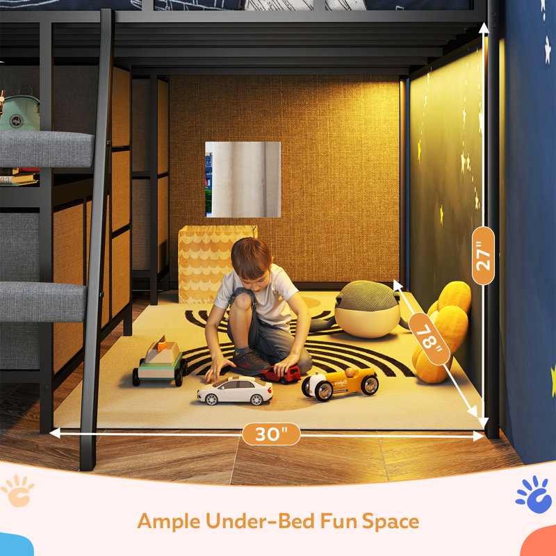 Twin Low Loft Bed With 7 Storage Drawers And Led Lights, Inclined Ladder And Under-bed Play Space, Black