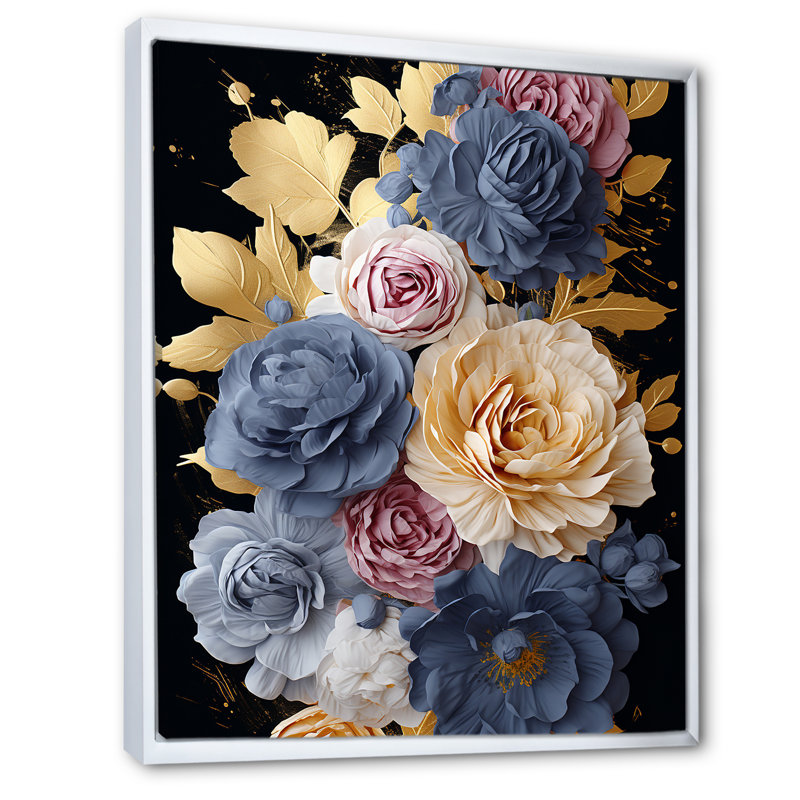 Or doré et rose bleue I - Rose, art mural, Cadre flottant blanc, H 44 po x l 34 po