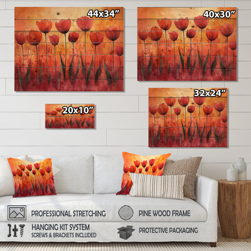 Sunset Hues Tulips Field Horizon II - Tulips Wood Wall Decor - On Natural Pine Wood, 10" H x 20" W x 0.78" D