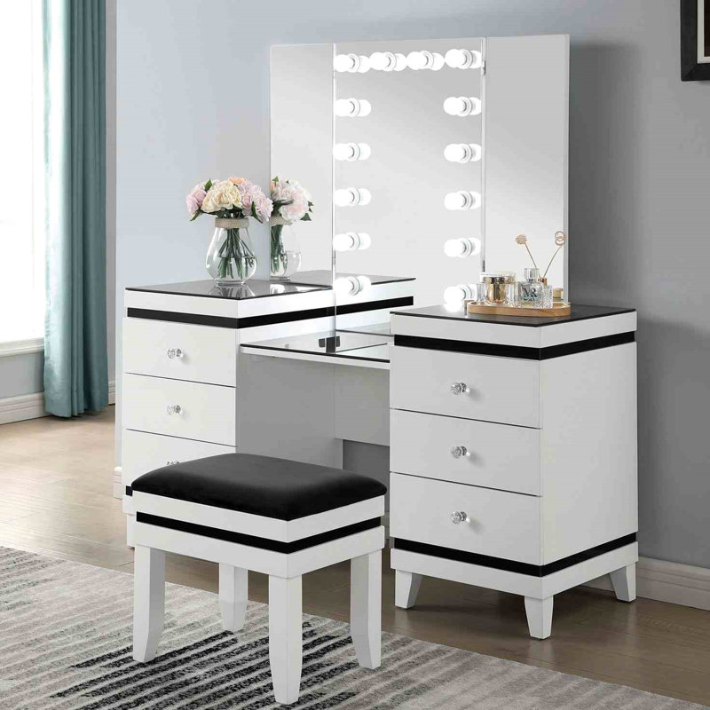 Meuble-lavabo contemporain 1 pièce avec miroir à trois volets, 14 ampoules, plateau de table en verre noir, tiroirs doublés de feutre et tabouret rembourré pour la chambre à coucher