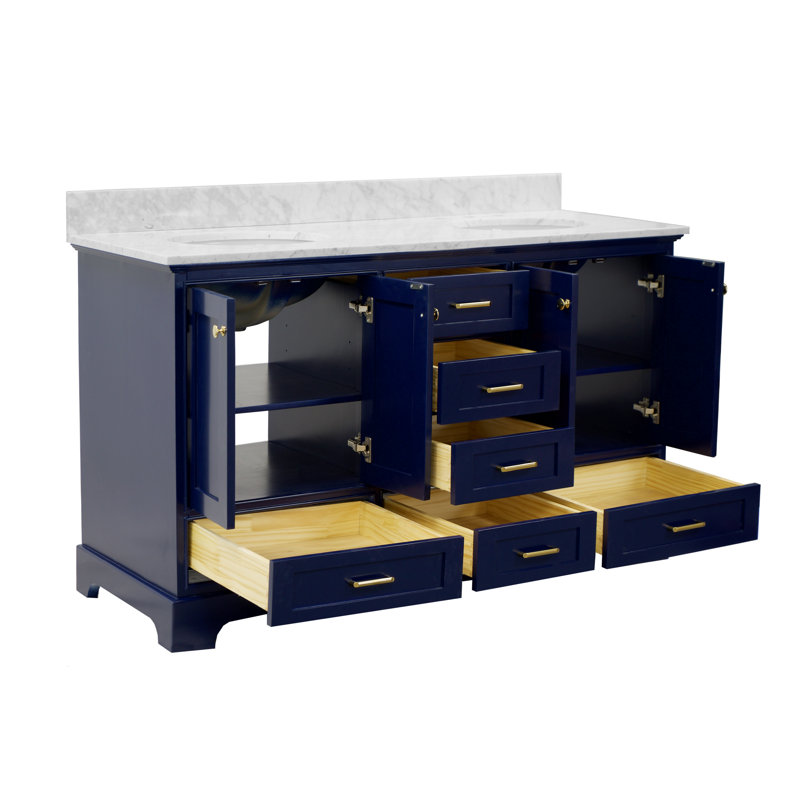 Ensemble de meuble-lavabo double 60 po Larosa, Marbre de Carrare, Bleu royal
