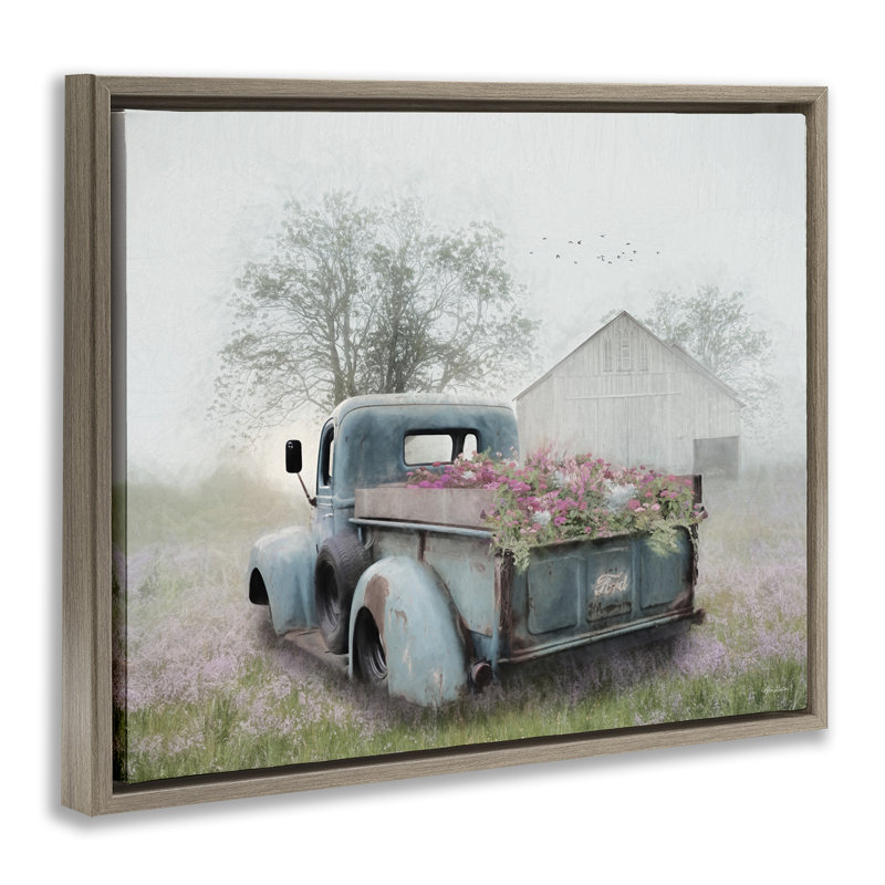 Camion brumeux avec cadre flottant fleurs, design par Lori Deiter, H 17 po x l 21 po, Cadre flottant orme Montalcino