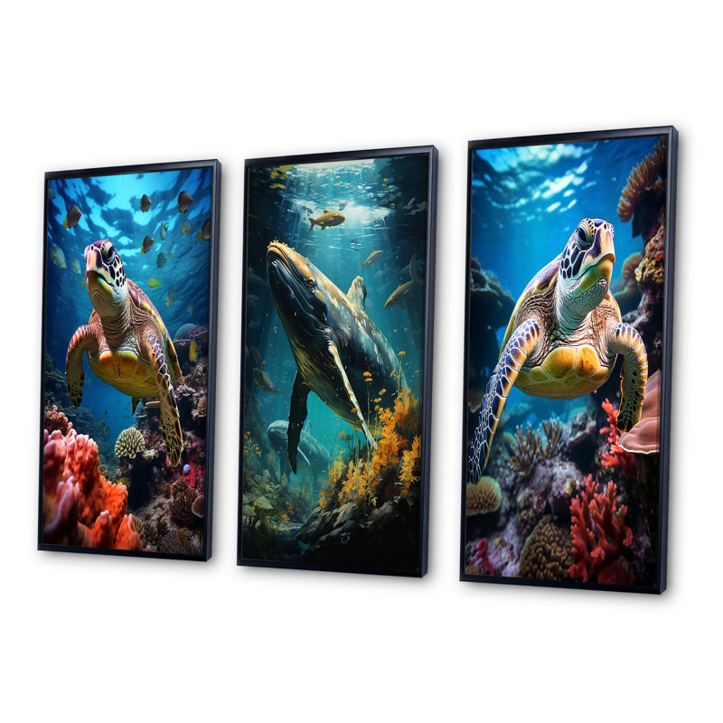 «Green Blue Marine Animals Turtle Encounter», 3 pièces sur toile, Cadre flottant noir, H 20 po x l 36 po