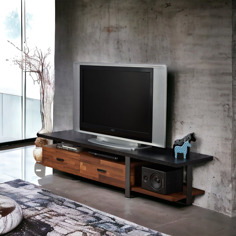 Meuble télé de style minimaliste en noyer et noir avec tiroirs cachés pour téléviseurs à écran plat de 55 po