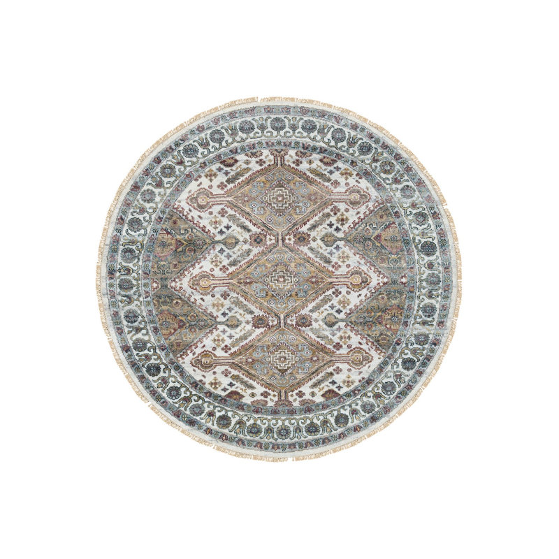 Tapis oriental ivoire noué à la main avec rosettes 26B51C51630C473CBBD6D95485D0AD3D, Rond 5 pi 10 po