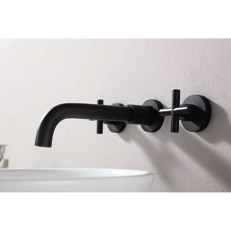 Matte Black Wall Mounted Bathroom Faucet With Double Cross Handles - To Rust & Corrosion, Scratches, Tarnish, And Spots 1.5 Gallons Per Minute Flow 8'' Spout Height, 7'' Reach 3'' Centers Deck Plate,