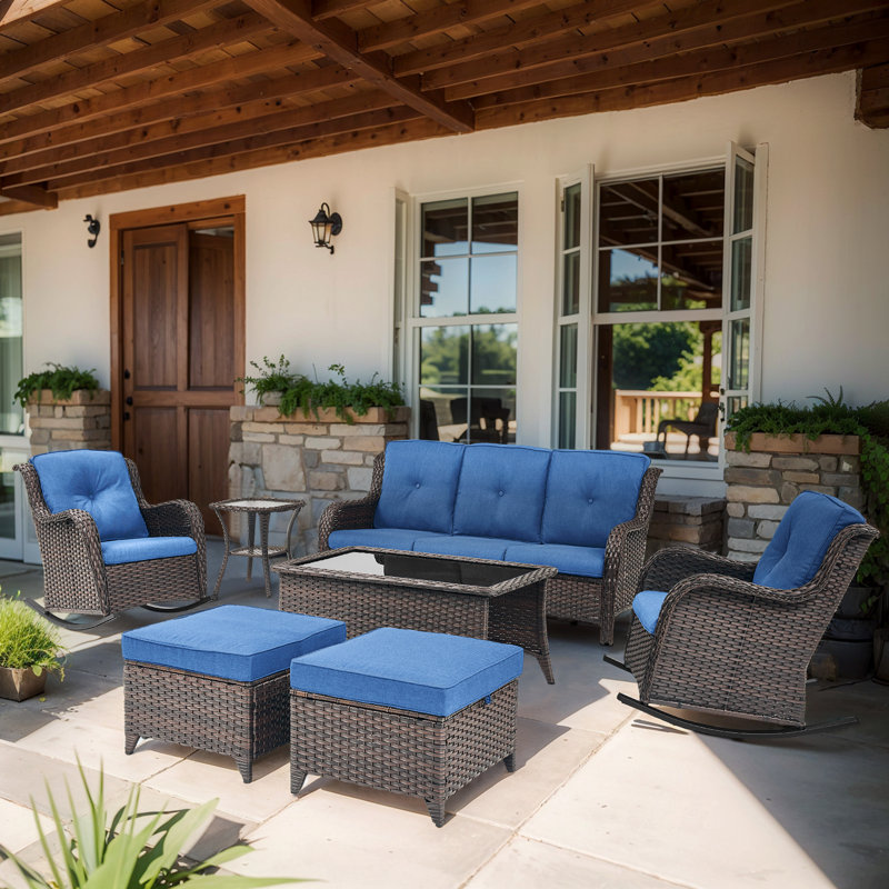 Bonia 7 - Pieces Outdoor Sofa Seating Group with Ottomans and Cushions, Blue, Brown