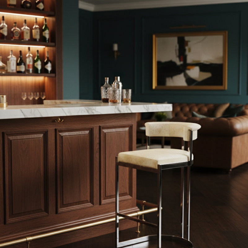 Tabouret de bar transitionnel en cuir de vache, Cuir véritable crème, Chrome