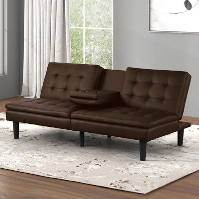 Brown Futon Bed With Contemporary Design, Biscuit Tufting For Style, Converts To And Features Chargers In - Seat Back, Drop Down Table Functionality