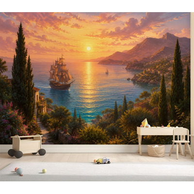 Papier peint adhésif autocollant, voilier, coucher de soleil, vue sur la montagne, vue sur l'océan, adhésif amovible, papier contact mural pour salon, chambre à coucher H 69 po x l 96 po