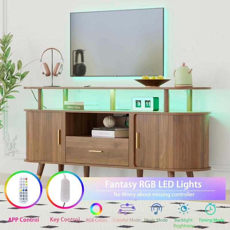 Multifunctional Fluted Tv Cabinet,Wooden Entertainment Center,With Cable Management,One Drawer And Two Sliding Doors,Metal Handle,Solid Wood Legs,Suitable For Living Room