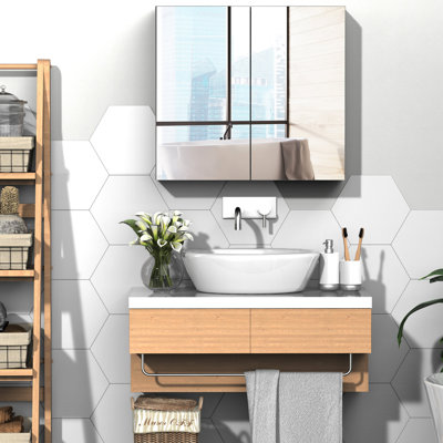 Bathroom Storage Cabinet - 24"x22" White Steel Frame With Double Doors For Toiletries And Beauty Items Unit, Mirror Blush,