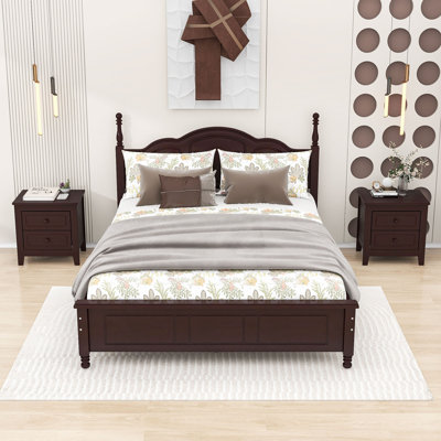 Ensemble de chambre à coucher 3 pièces, lit plateforme en bois et deux tables de chevet avec 2 tiroirs