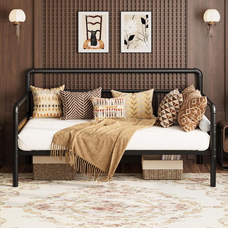 Twin Size Daybed Frame – Classic Headboard Design, Sturdy Metal & MDF Sofa Bed with Strong Slats Support, Black