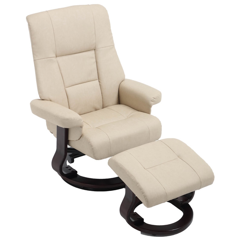 Faux Leather Swivel Recliner with Ottoman,Adjustable Reclining Chair with Solid Wood Base, for Office, Living, Beige