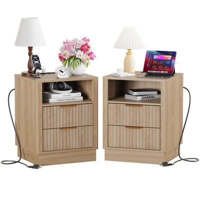 Modern Nightstand with Charging Station, Fluted Drawers, and Built-in Light Strip