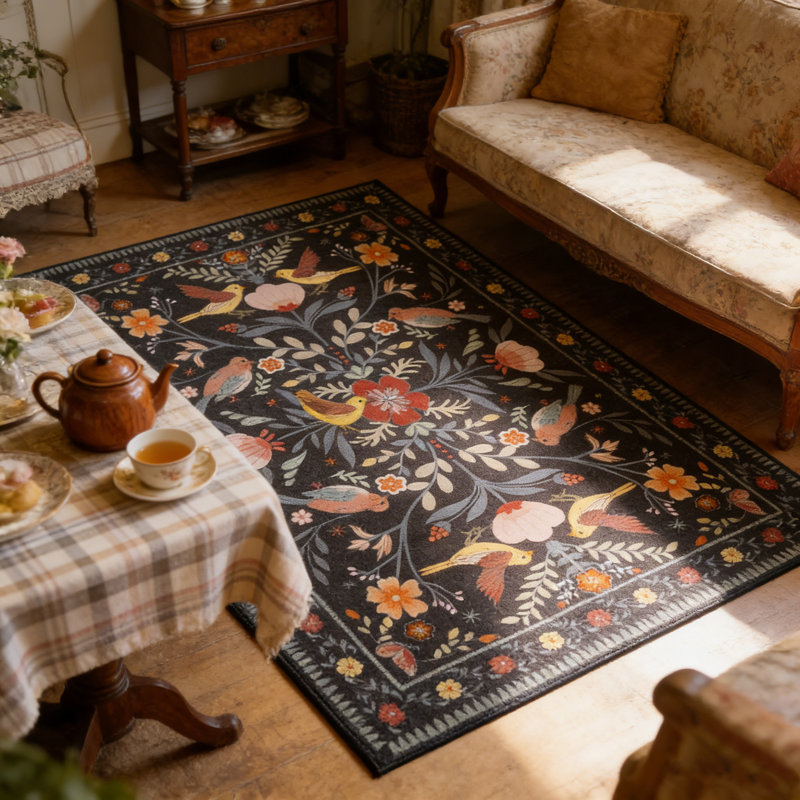 Folk Art Scandi-Inspired Symmetrical Floral & Birds Black Area Rug, Rectangle 8' x 10'