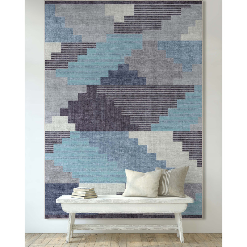 Tapis bleu tissé à plat Kehr Portsmouth, Rectangle 5 pi 3 po x 7 pi 3 po