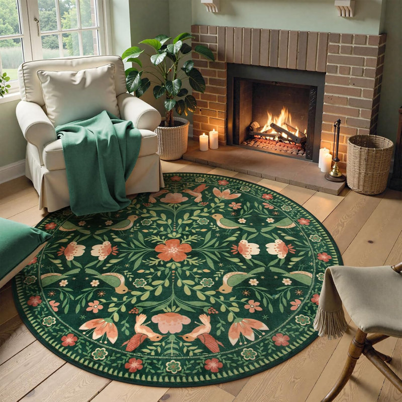 Goldene Boho Washable Botanical Dark Green Round Rugs for Living Room, Low-Pile Floral Rug with Non Slip Backing For Bedroom Dining Room