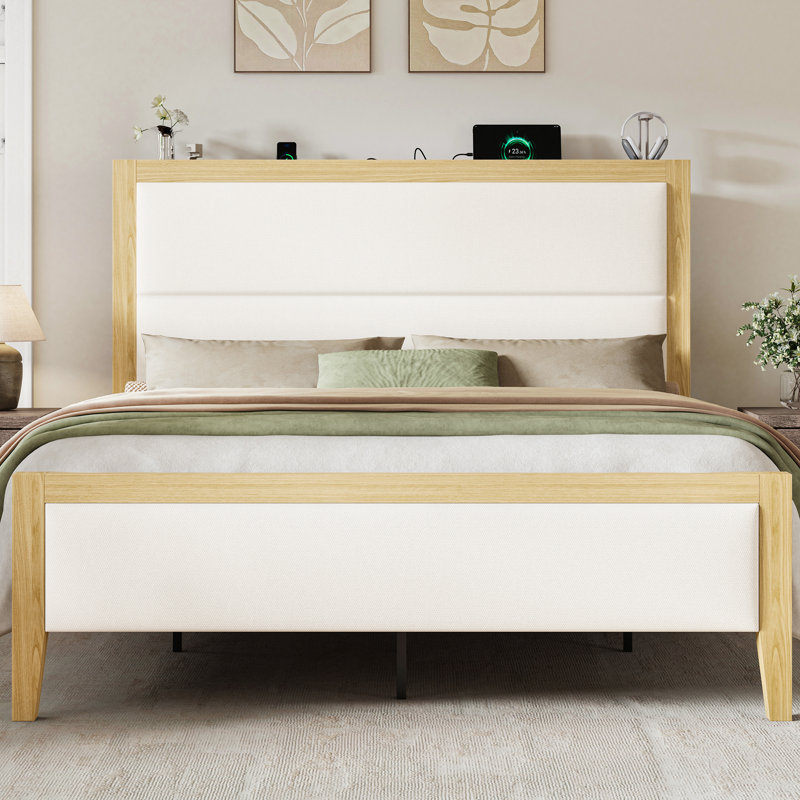 Lit plateforme en bois massif avec tête de lit tapissier, blanc, King, White