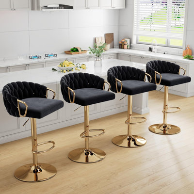 Ensemble de 4 tabourets de bar pivotants en velours, tabourets de comptoir rembourrés à hauteur de comptoir réglable, tabourets dorés modernes avec dossier tissé, noir
