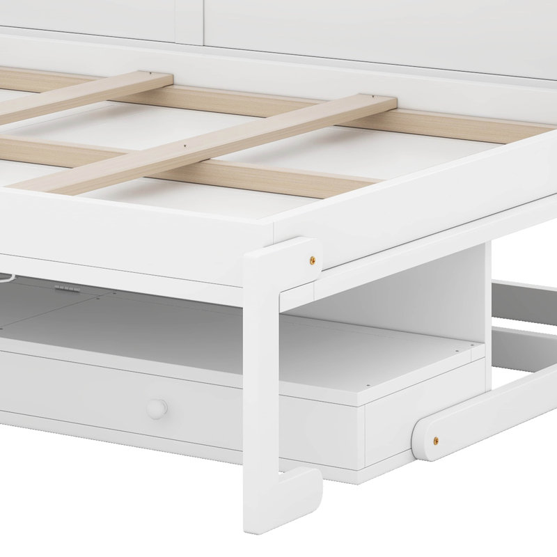 Grand lit escamotable horizontal avec bureau, lit escamotable mural avec miroir de coiffeuse et tiroirs de rangement, Blanc