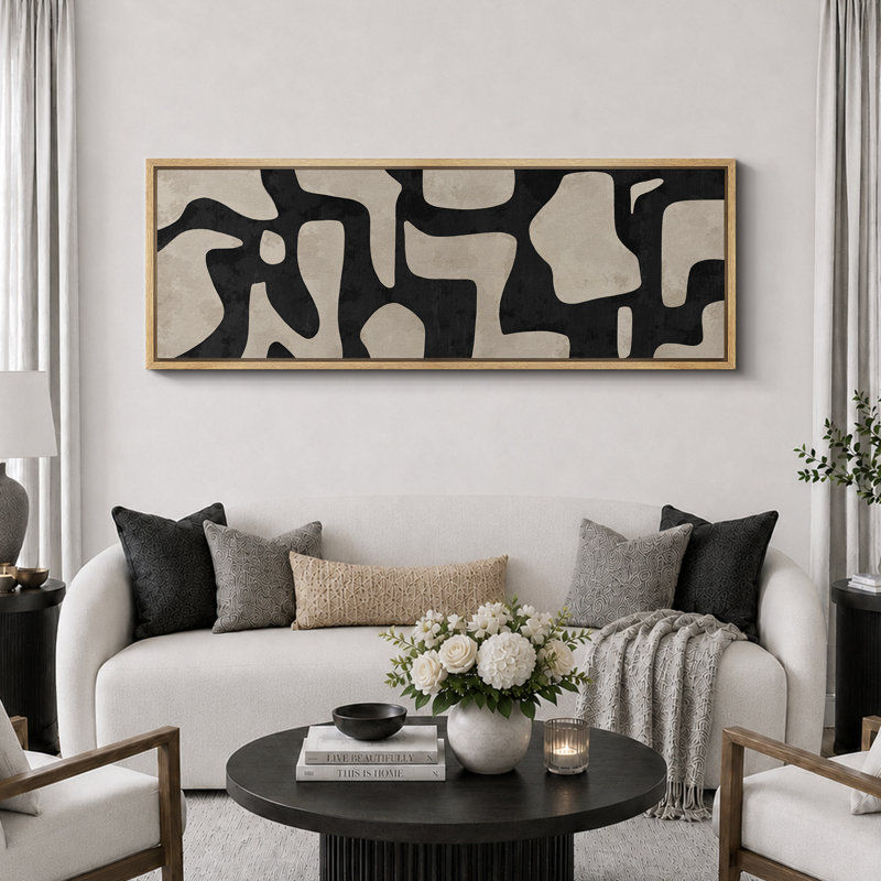 Contours abstraits de forme Mid-Century, œuvre d'art beige et noir, décoration de chambre à coucher rétro, très grande impression sur toile encadrée