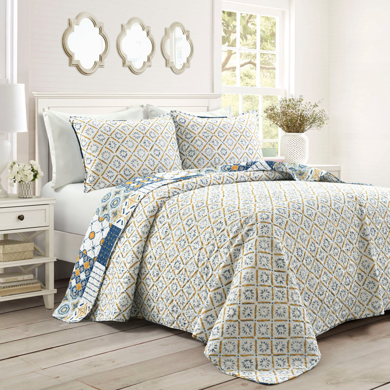 Ensemble de courtepointe réversible standard en coton 3 pièces Monique, Courtepointe très grand + 2 taies décoratives