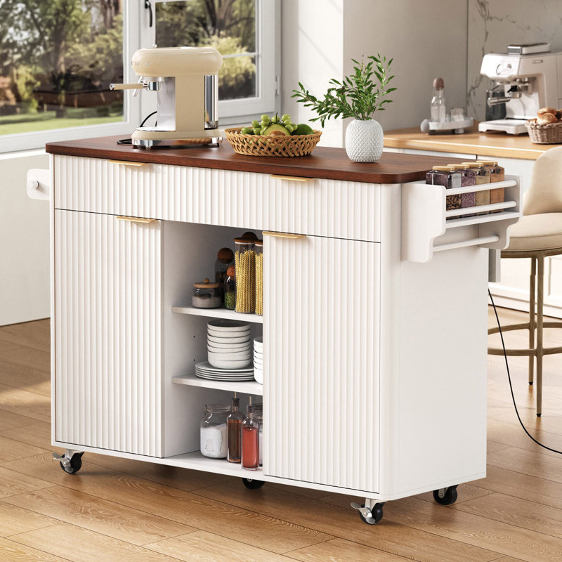 Wilbert 52" Fluted Kitchen Island with Drop Leaf, Shelves & Drawers, White