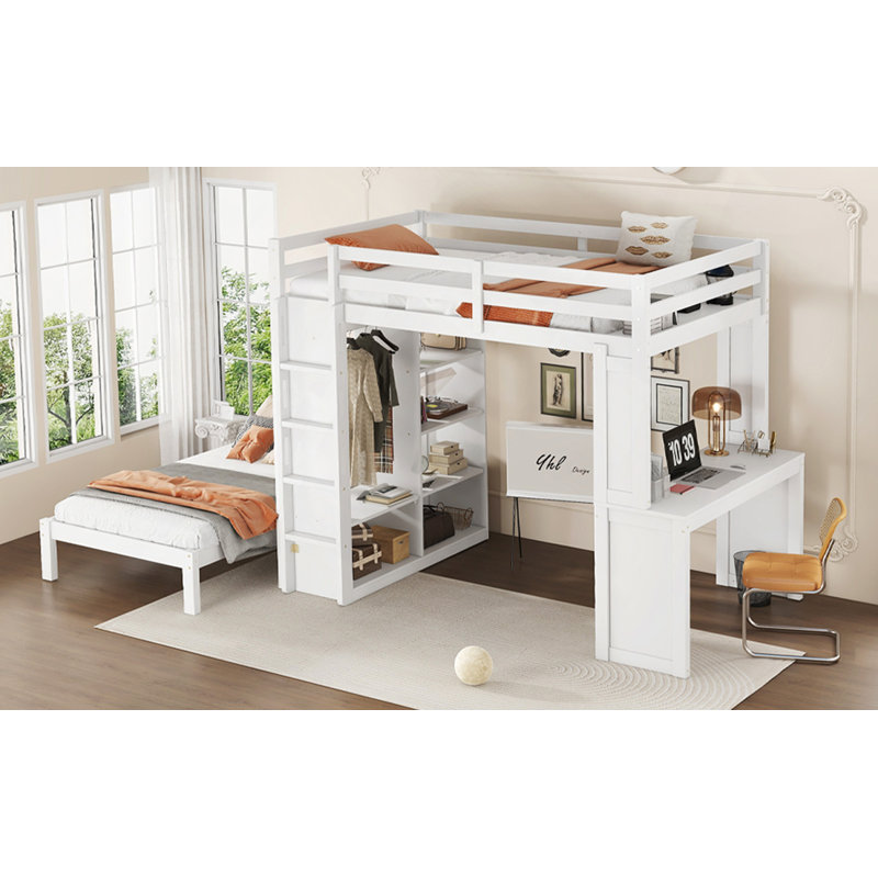 Lit superposé avec lit inférieur démontable et bureau, structure de lits superposés en bois massif avec tablettes intégrées et garde-robe, peut être converti en lit mezzanine