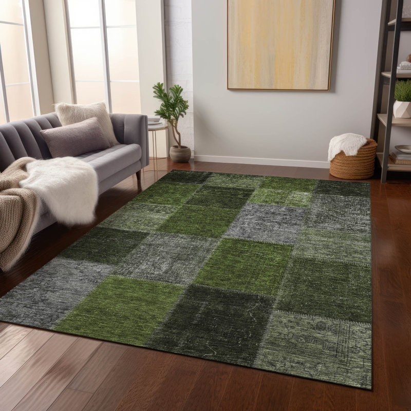 Tapis vert / noir / gris en polyester tissé à la machine Ayush, Rectangle de 10 pi x 14 pi