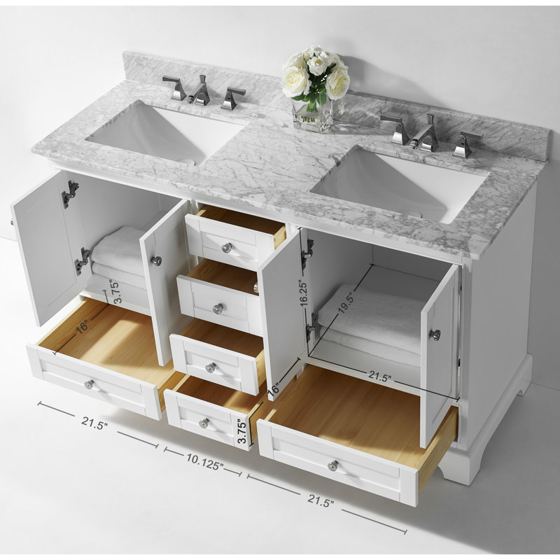 Audrey 60'' W Double Vanity, White/Brushed Nickel, Carrara White Marble