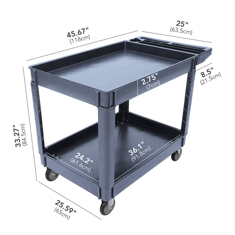 Chariot utilitaire robuste à 2 tablettes - capacité de 500 lb - 45 po x 25 po - Poignée de rangement - Roulettes pivotantes à 360 ° - Chariot de service roulant pour entrepôt, garage, nettoyage, fabrication - Gris