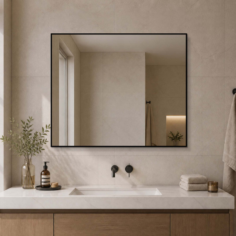Miroir mural de salle de bain rectangulaire avec cadre en aluminium noir, horizontal ou vertical