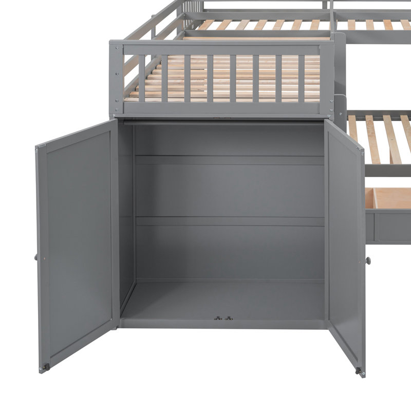 Twin-Twin over Full L-Shaped Bunk Bed with 3 Drawers, Portable Desk and Wardrobe, Gray