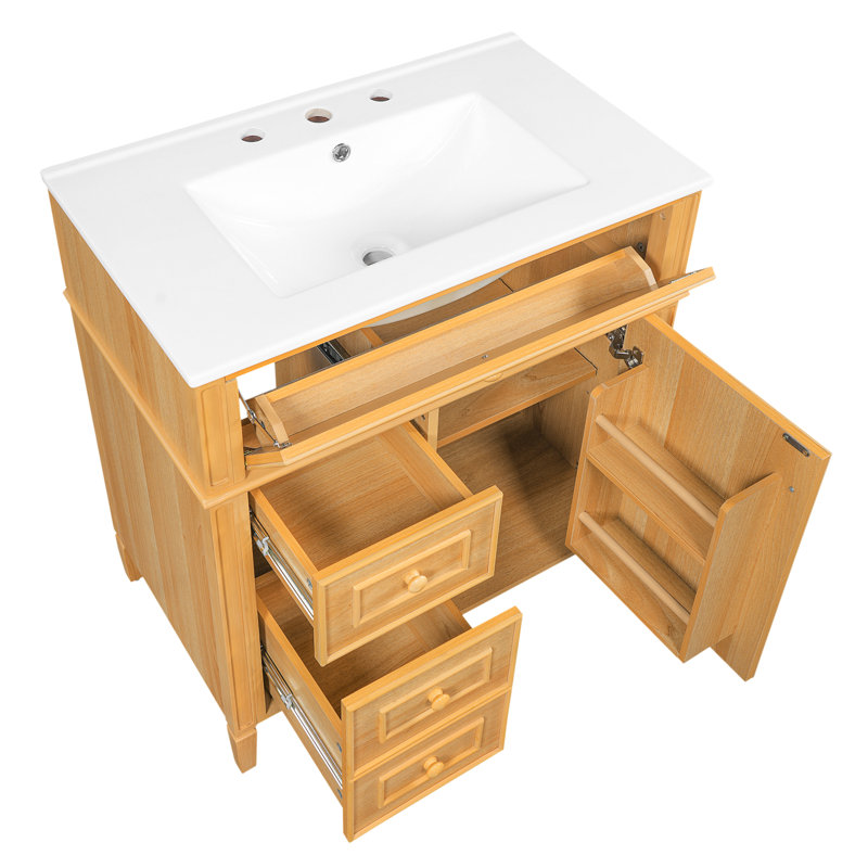Meuble-lavabo simple autoportant en bois naturel avec lavabo et rangement en céramique