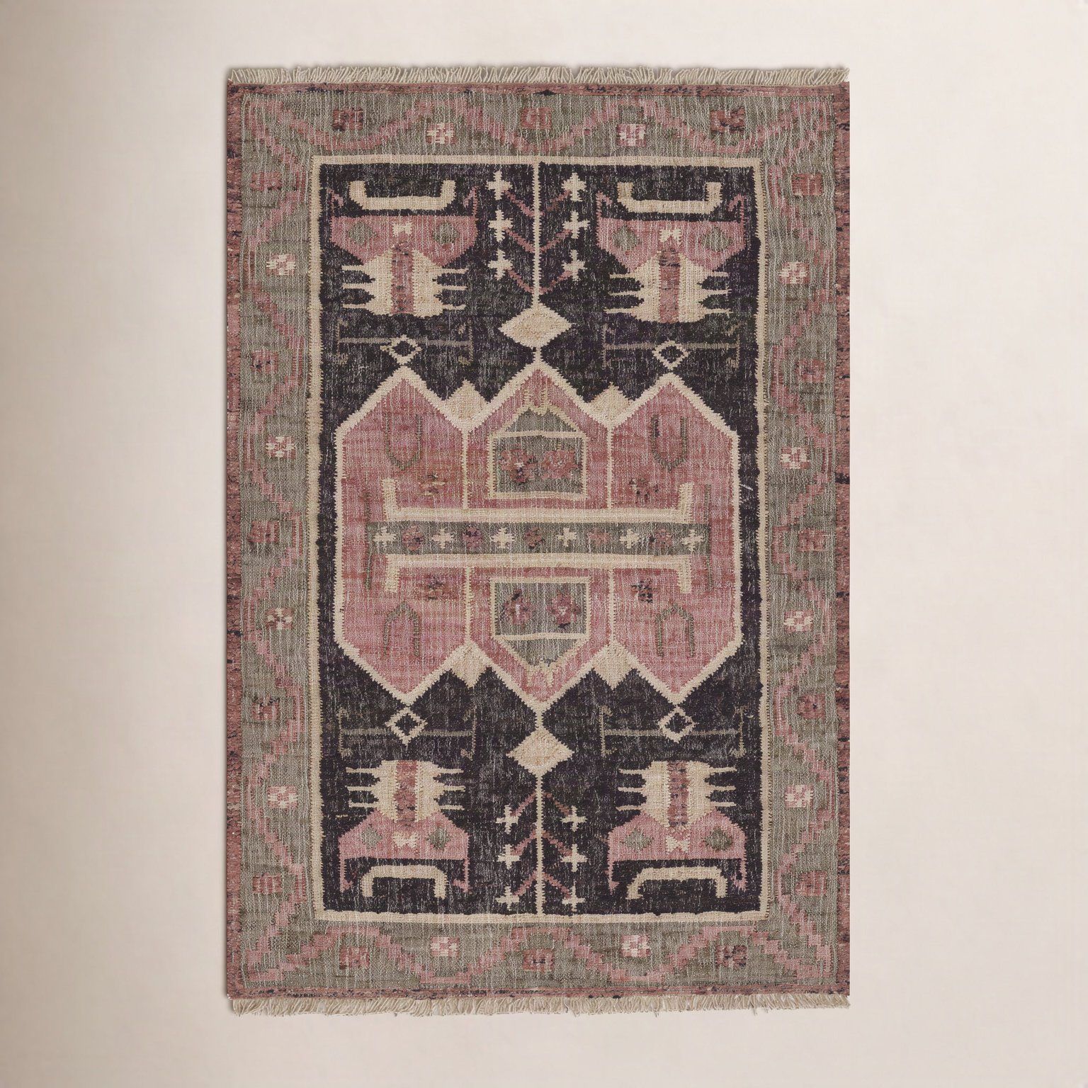 Dariela Red Black Hand-Woven Oriental Jute Rug, Rectangle 5'3" x 7'6"