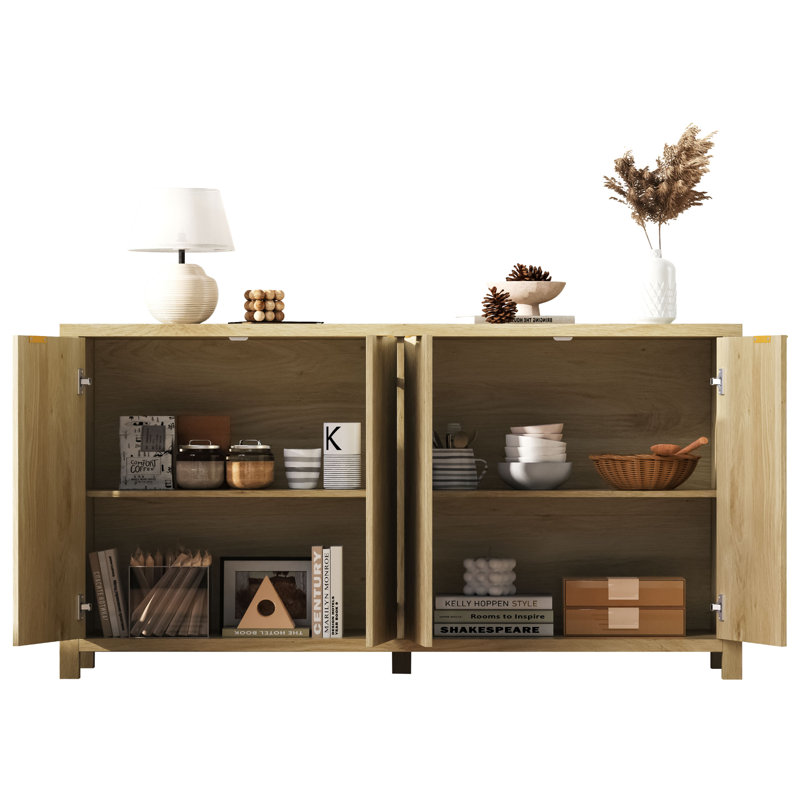 Buffet 55 po cannelé avec rangement, armoire de rangement Farmhouse 4 portes, buffet avec tablettes réglables, Tanné